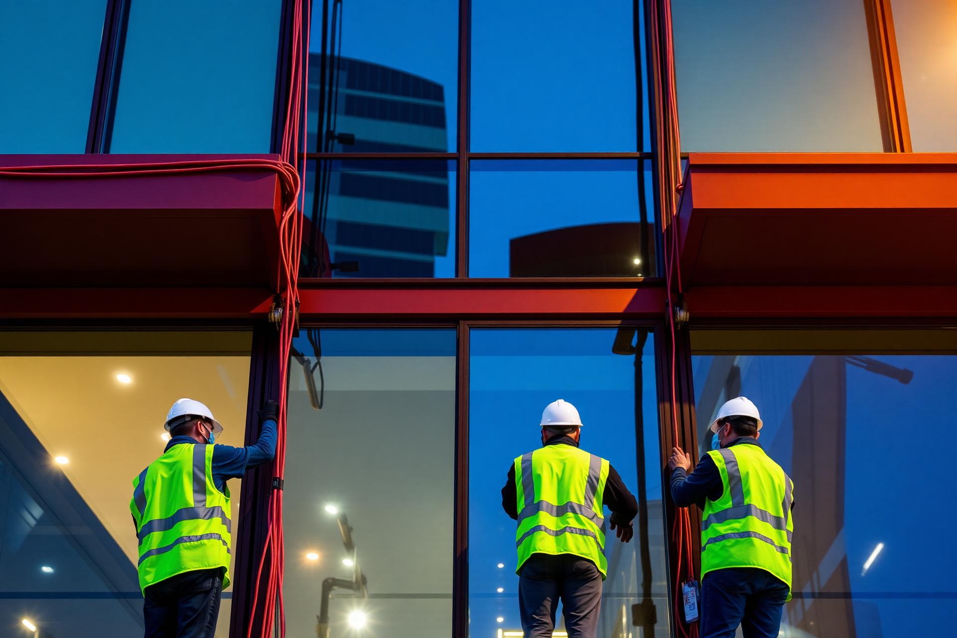 Commercial electricians working on a modern Canadian office building