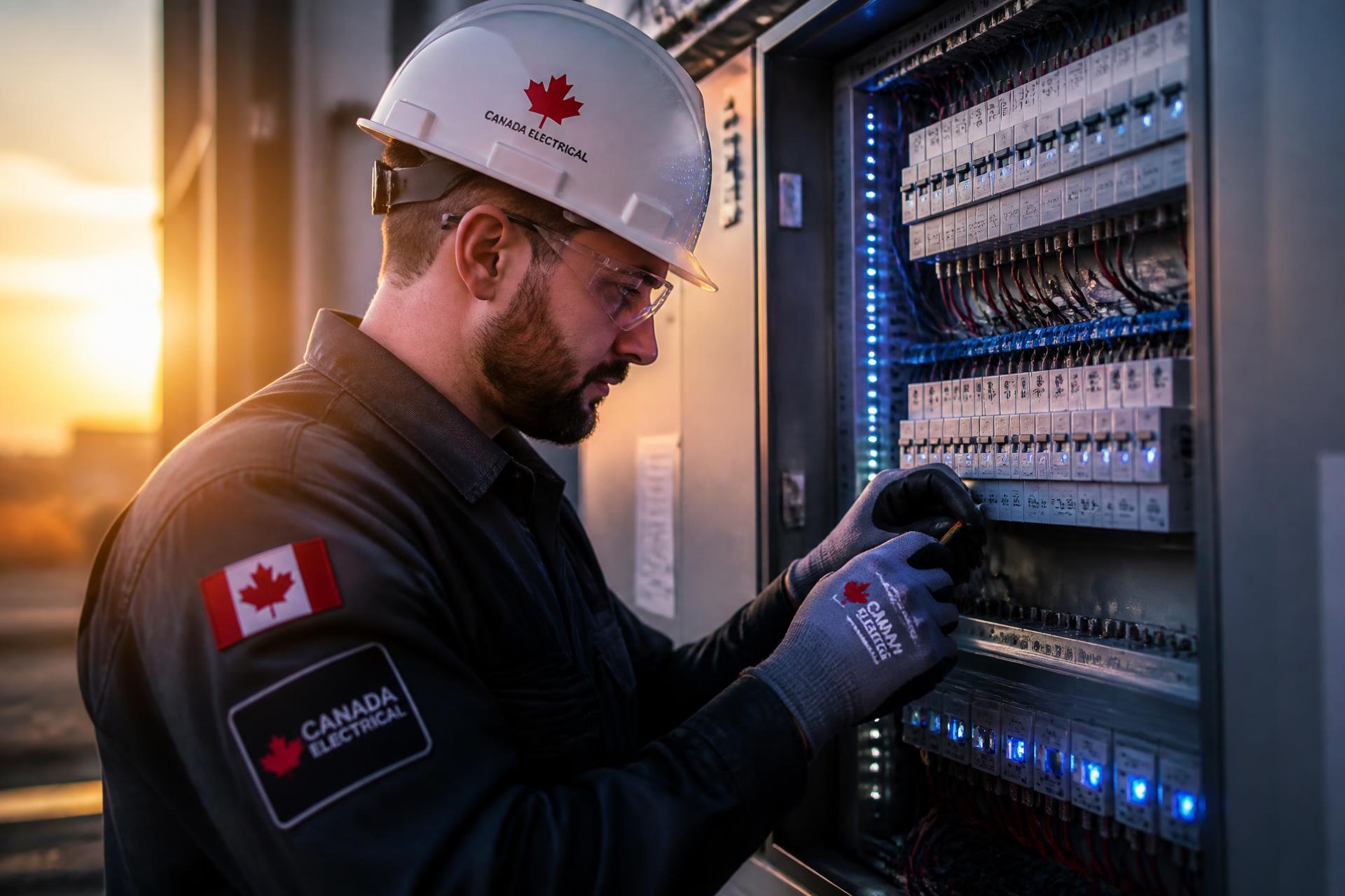 Professional Canadian electrician working on a modern commercial panel